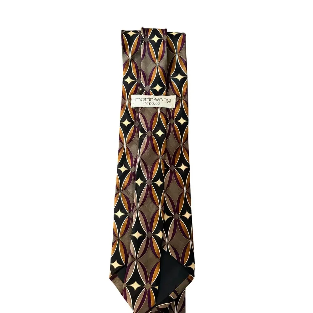Martin‎ Wong Napa Silk Tie Geometric Retro Pattern Brown Purple Necktie